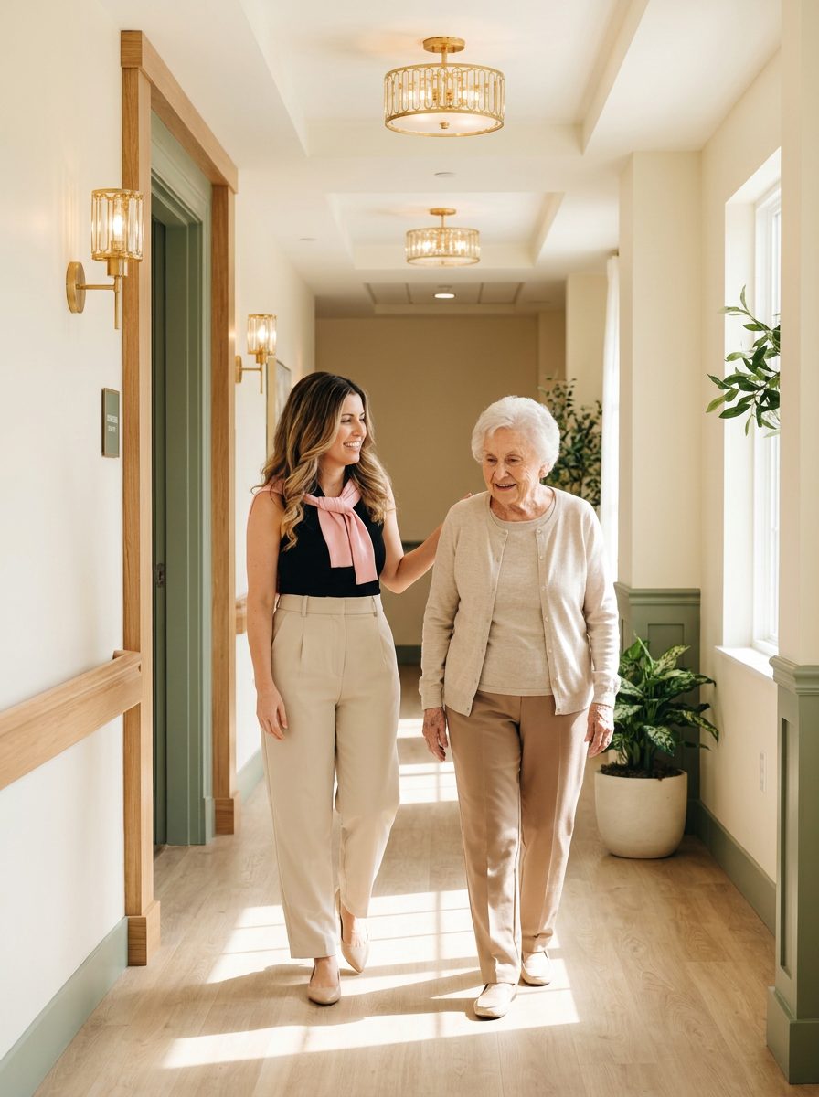 Adult daughter visiting with elderly parent