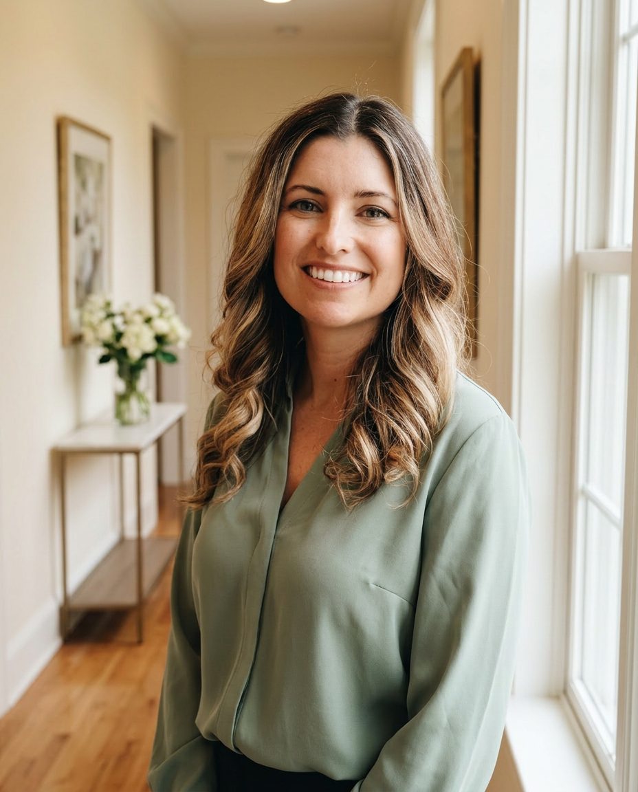 Megan — RN, MSN, BSN, PHN, IBCLC — standing in the softly lit hallway of a residential assisted living home